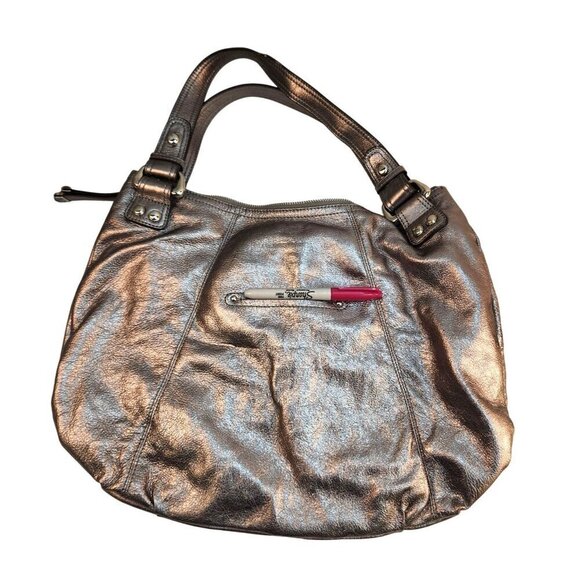 Metallic Silver B. Makowsky Genuine Leather Tote Shoulder Bag With Leopard Print - Picture 2 of 13